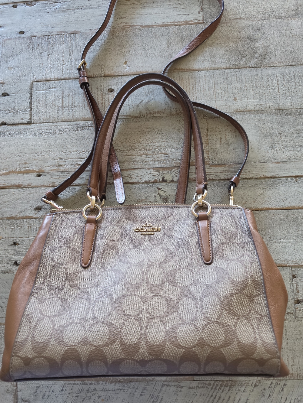 Coach Christie Carryall Beige Leather Satchel Crossbody Strap with Brown Trim